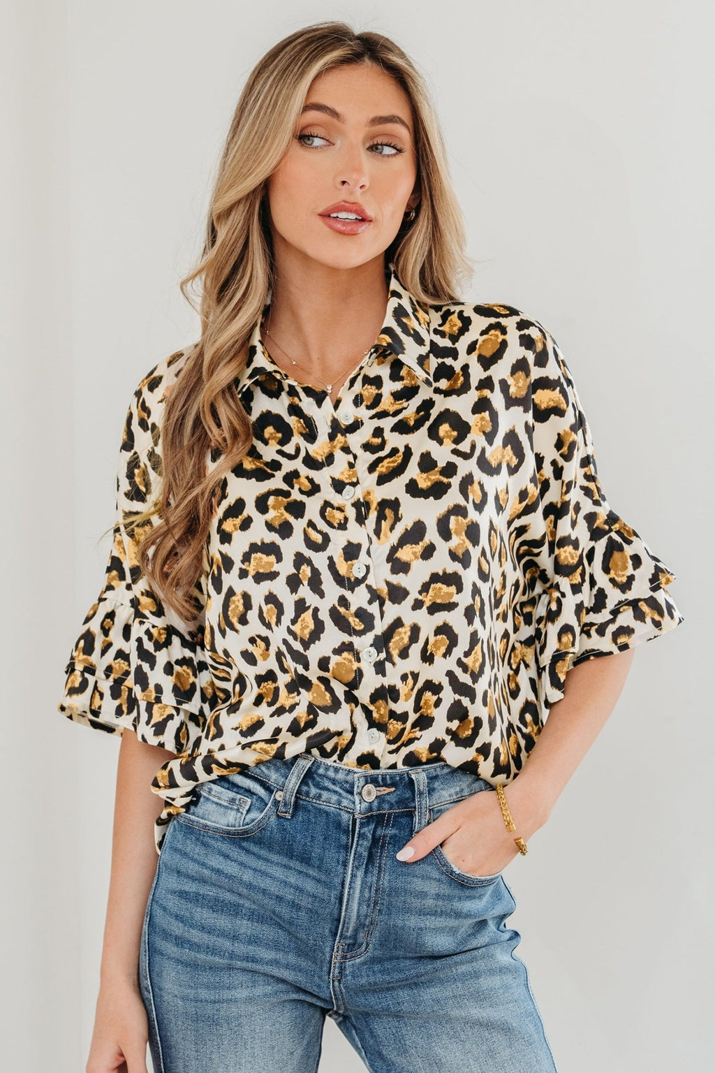 Leopard Ruffle Trim 3/4 Sleeve Buttoned Shirt - Rooted & Reckless Co.