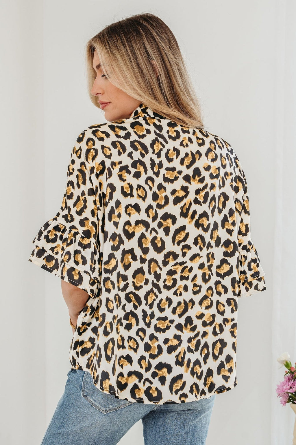 Leopard Ruffle Trim 3/4 Sleeve Buttoned Shirt - Rooted & Reckless Co.