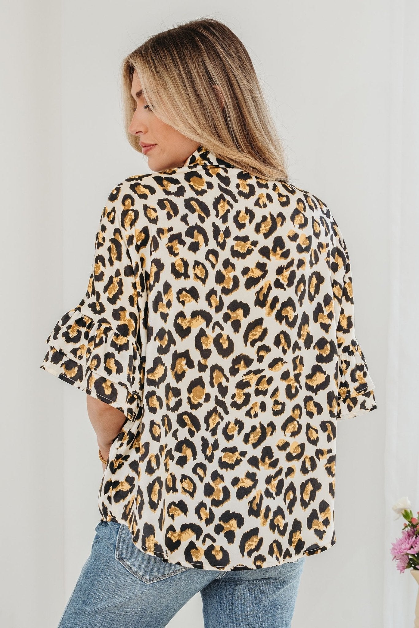 Leopard Ruffle Trim 3/4 Sleeve Buttoned Shirt - Rooted & Reckless Co.