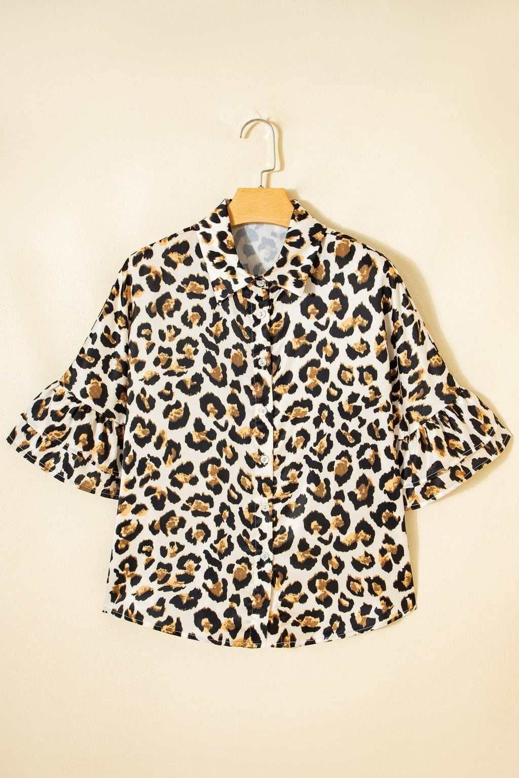 Leopard Ruffle Trim 3/4 Sleeve Buttoned Shirt - Rooted & Reckless Co.