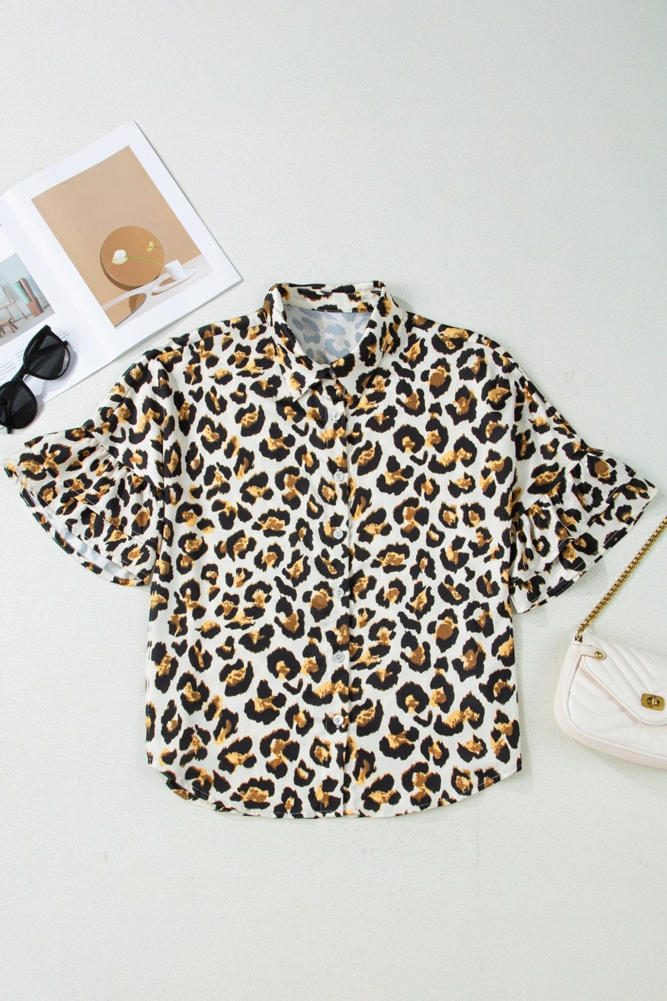 Leopard Ruffle Trim 3/4 Sleeve Buttoned Shirt - Rooted & Reckless Co.