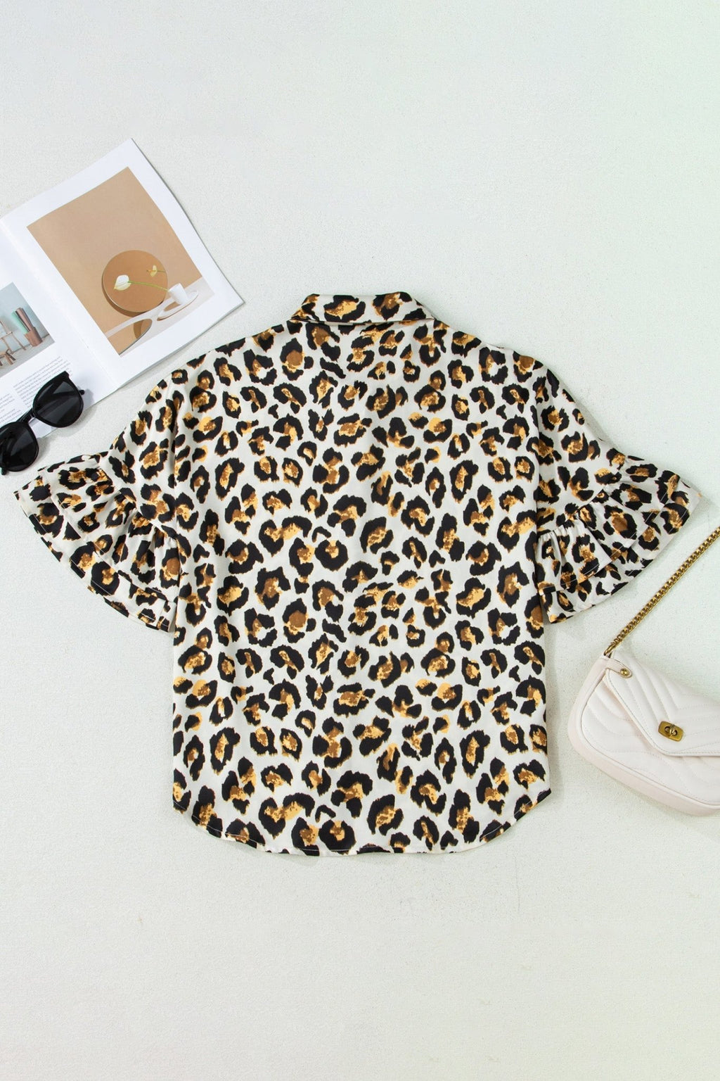 Leopard Ruffle Trim 3/4 Sleeve Buttoned Shirt - Rooted & Reckless Co.