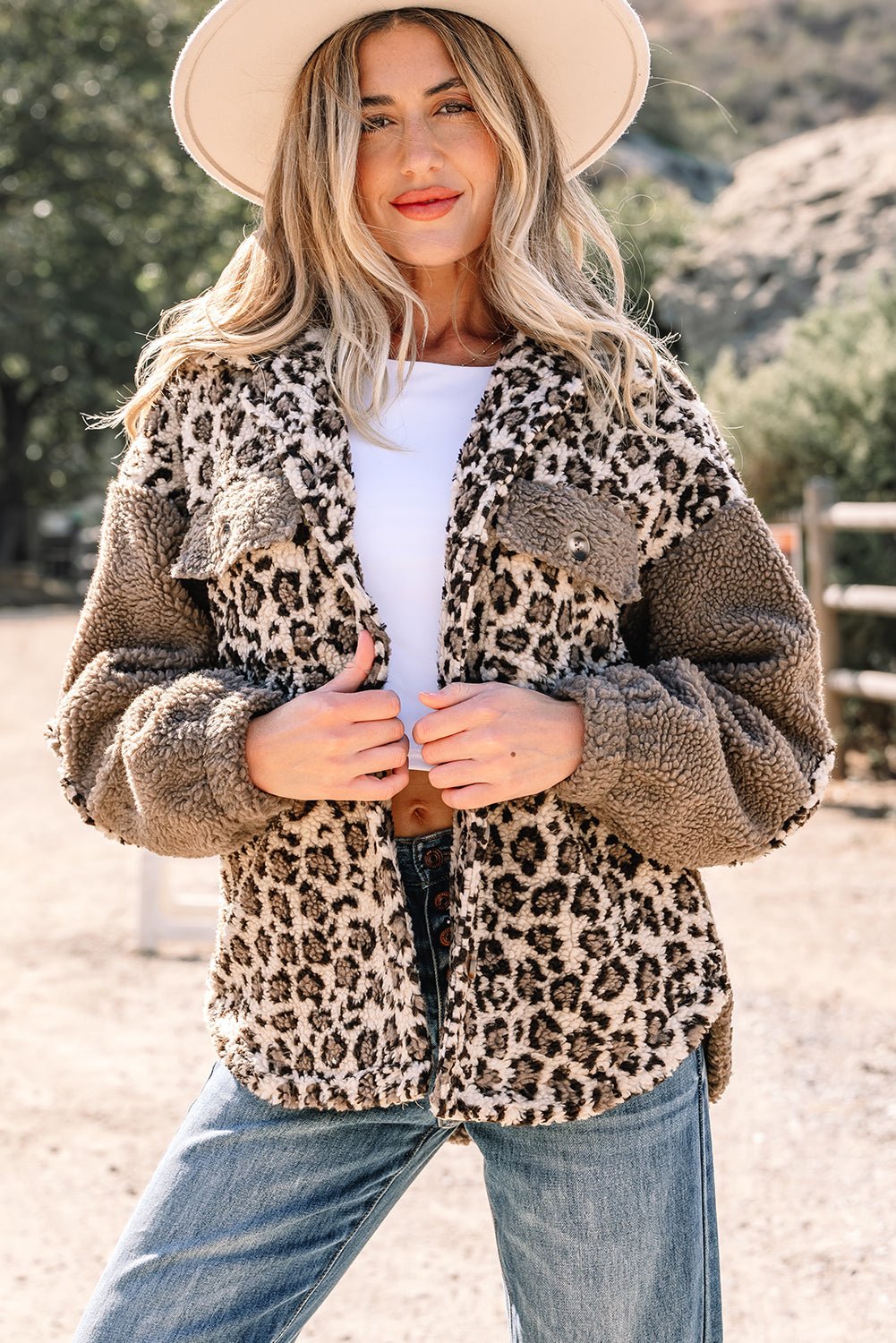Leopard Sherpa Patchwork Flap Pocket Buttoned Jacket - Rooted & Reckless Co.