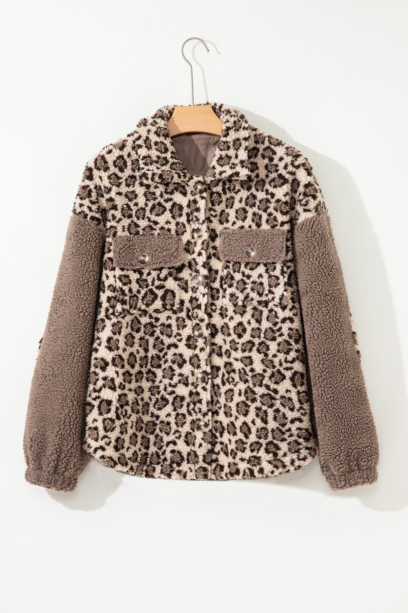 Leopard Sherpa Patchwork Flap Pocket Buttoned Jacket - Rooted & Reckless Co.