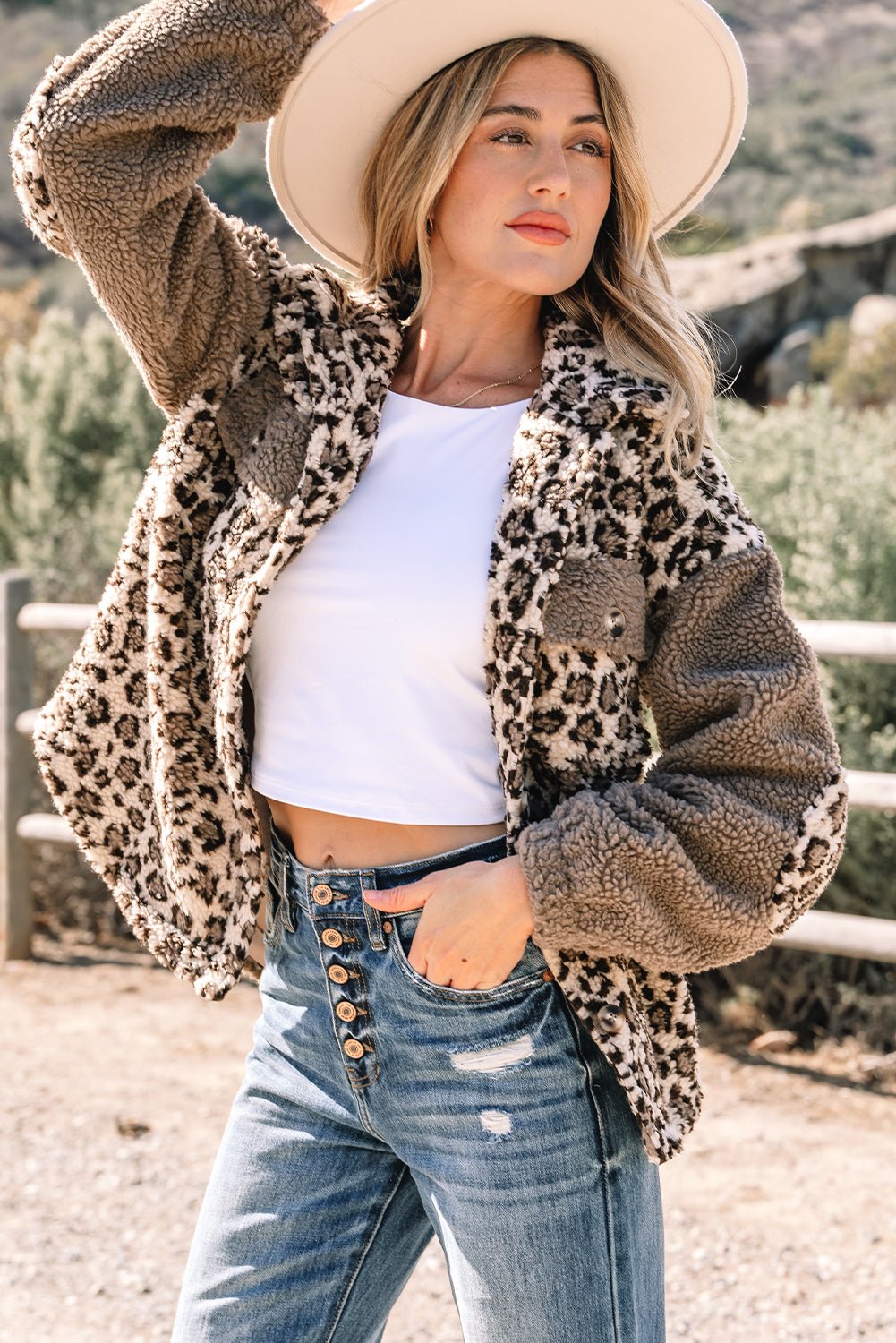 Leopard Sherpa Patchwork Flap Pocket Buttoned Jacket - Rooted & Reckless Co.