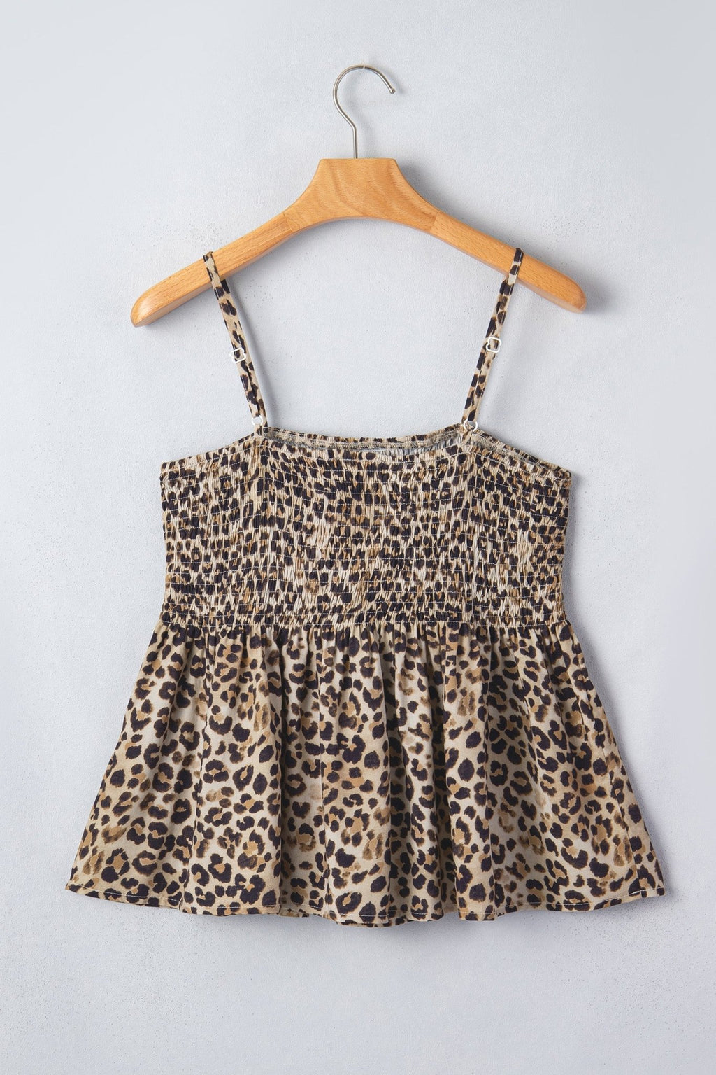 Leopard Shirred Ruffle Spaghetti Strap Tank Top - Rooted & Reckless Co.
