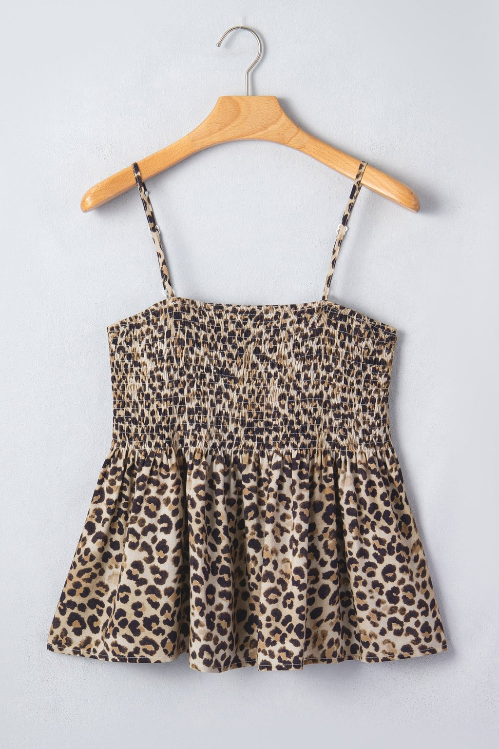 Leopard Shirred Ruffle Spaghetti Strap Tank Top - Rooted & Reckless Co.
