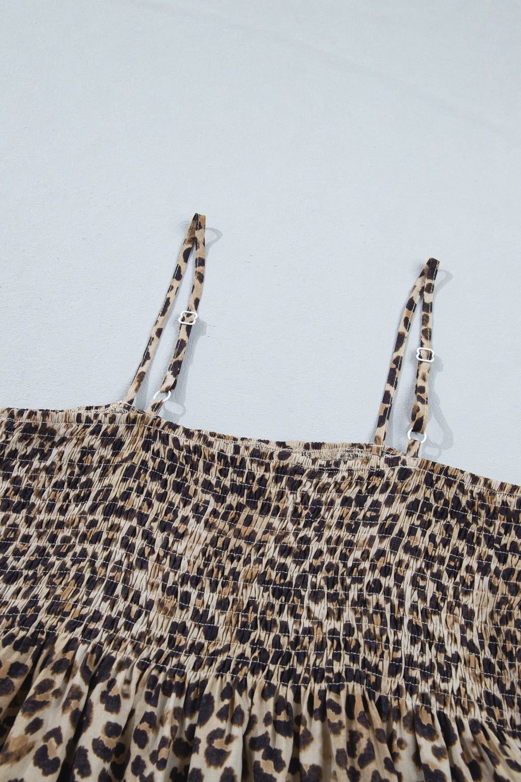 Leopard Shirred Ruffle Spaghetti Strap Tank Top - Rooted & Reckless Co.