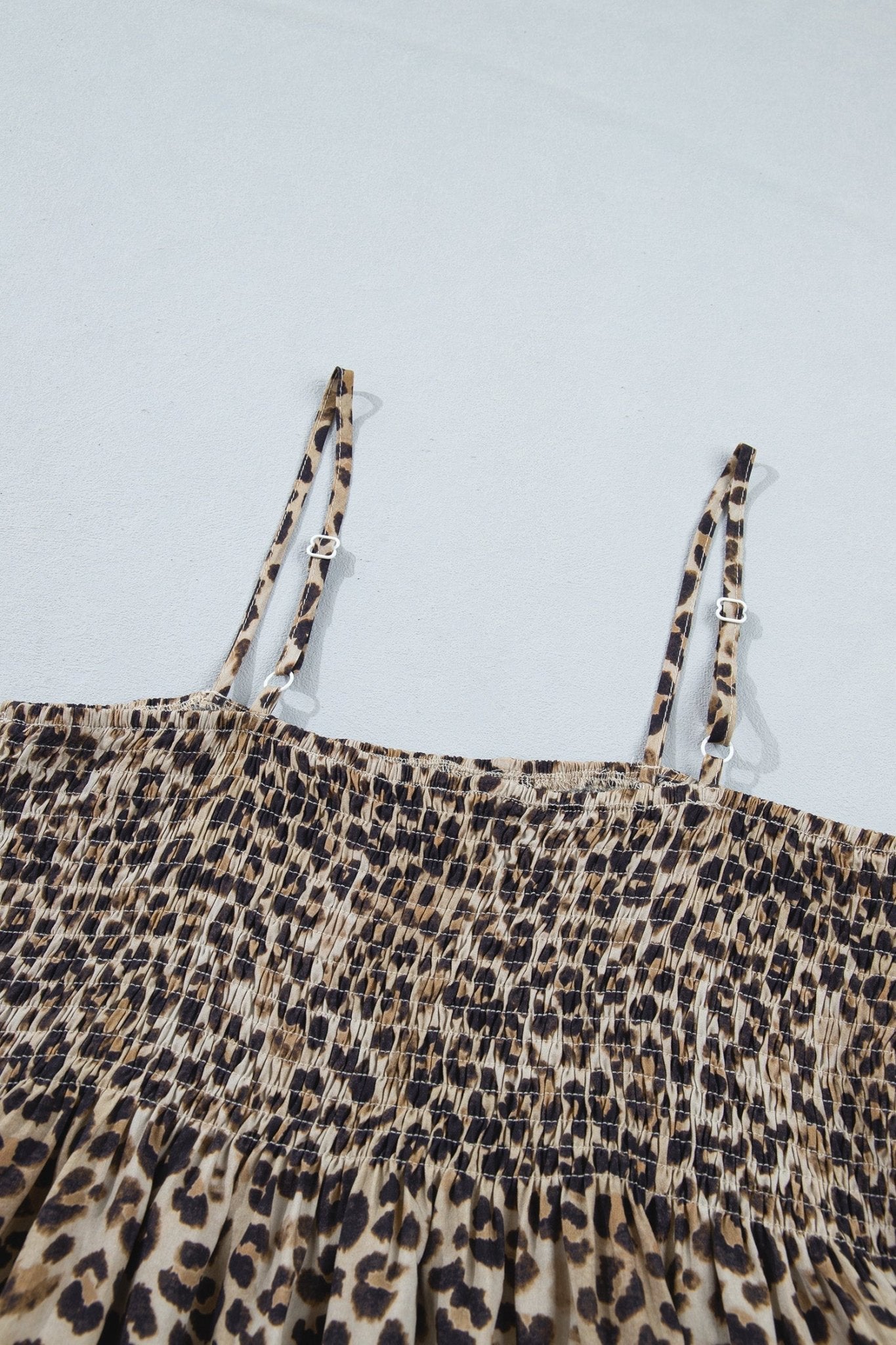Leopard Shirred Ruffle Spaghetti Strap Tank Top - Rooted & Reckless Co.