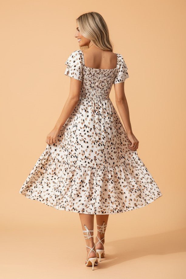 Leopard Smocked Square Neck Ruffle Sleeve Dress - Rooted & Reckless Co.