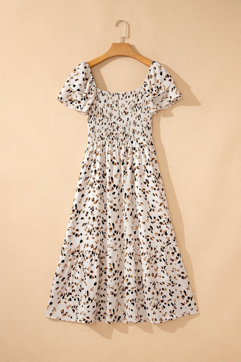 Leopard Smocked Square Neck Ruffle Sleeve Dress - Rooted & Reckless Co.