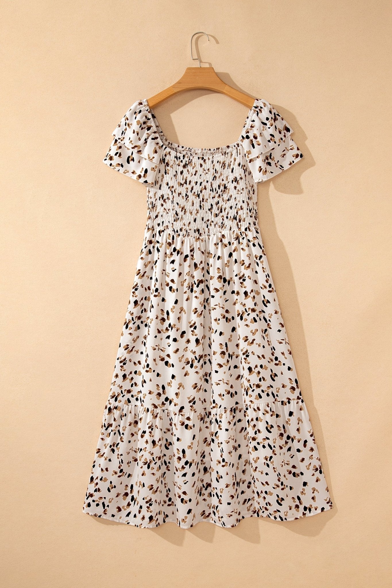 Leopard Smocked Square Neck Ruffle Sleeve Dress - Rooted & Reckless Co.