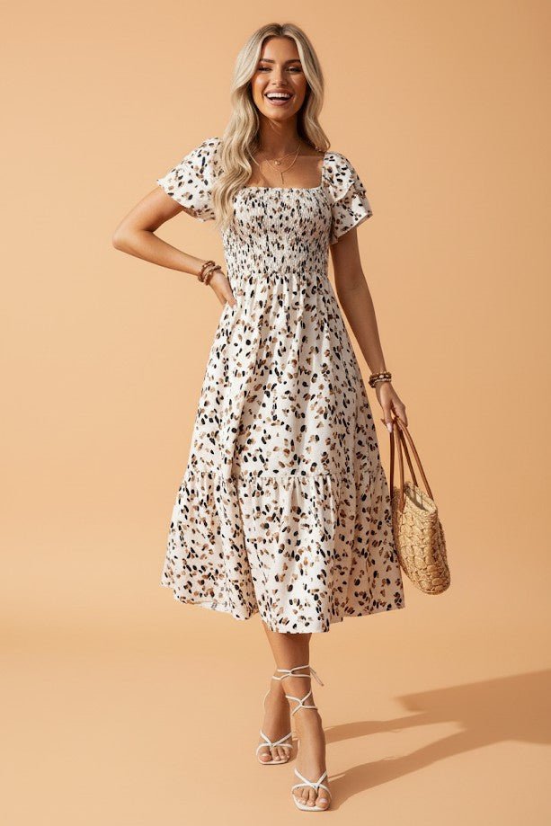 Leopard Smocked Square Neck Ruffle Sleeve Dress - Rooted & Reckless Co.