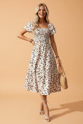 Leopard Smocked Square Neck Ruffle Sleeve Dress - Rooted & Reckless Co.