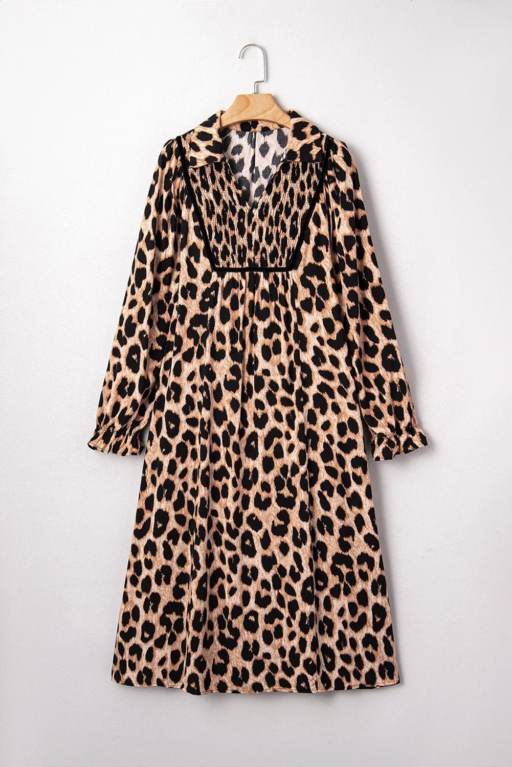 Leopard Smocked V-Neck Flowy Midi Dress - Rooted & Reckless Co.