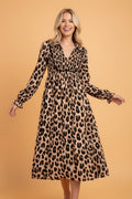 Leopard Smocked V-Neck Flowy Midi Dress - Rooted & Reckless Co.