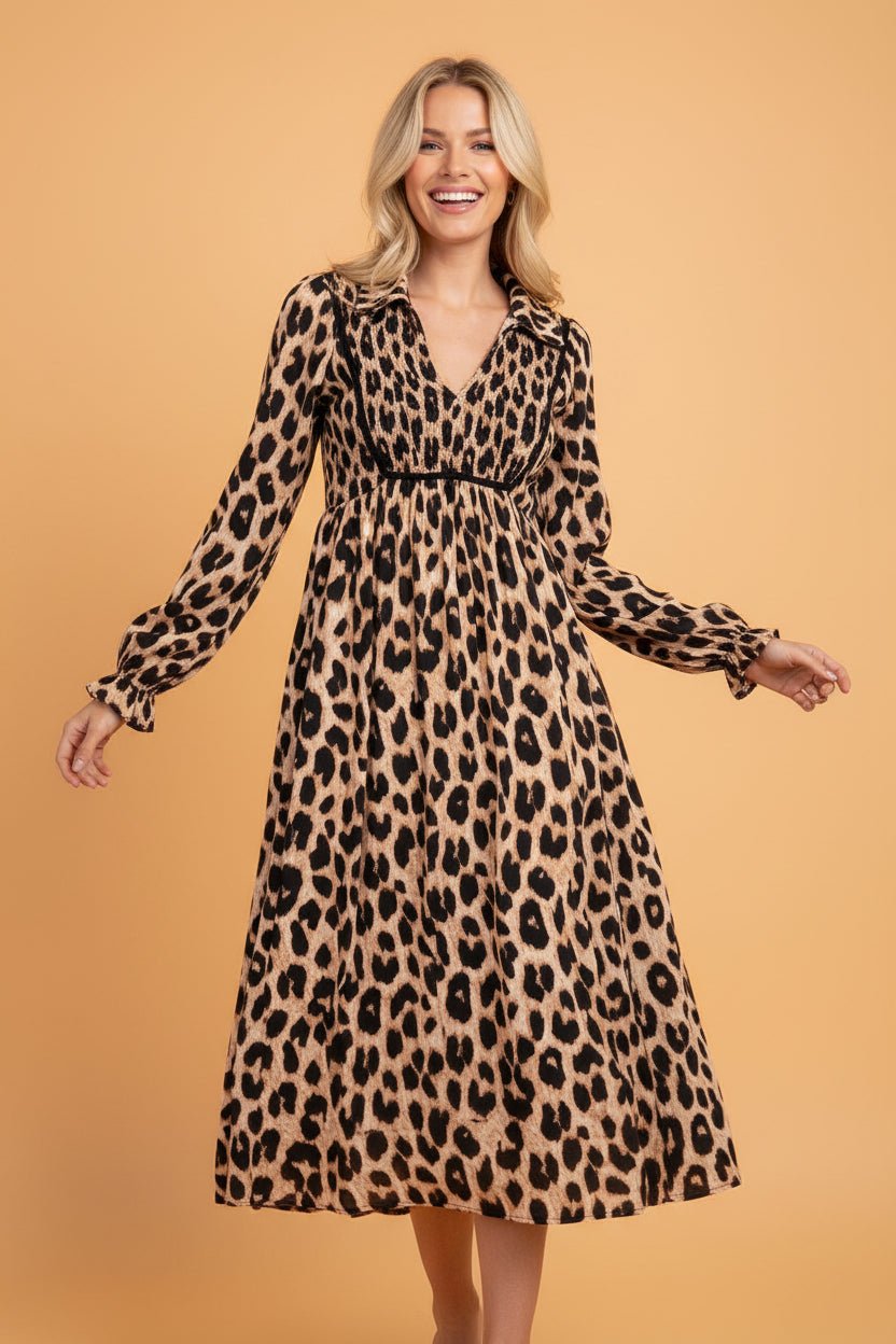 Leopard Smocked V-Neck Flowy Midi Dress - Rooted & Reckless Co.