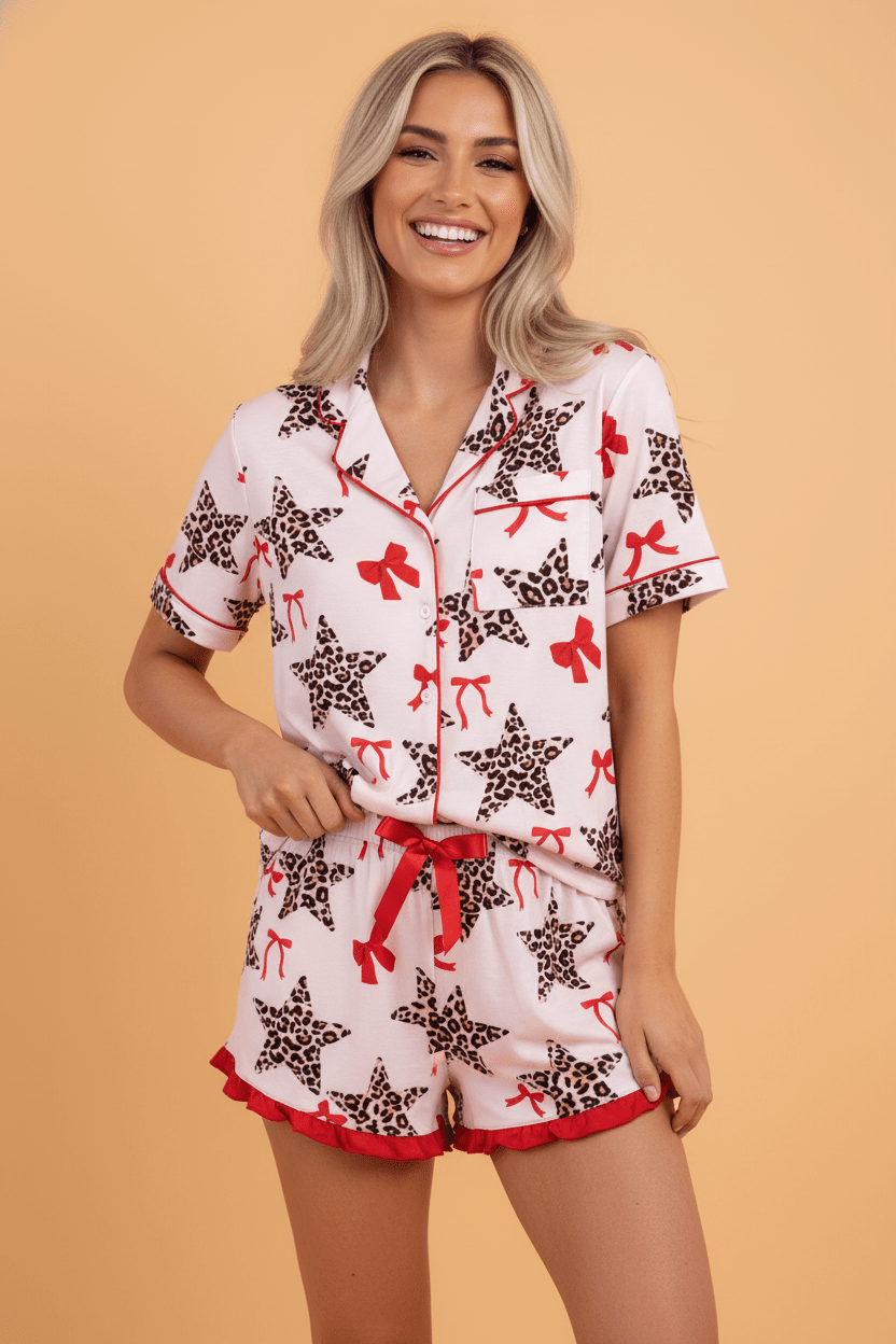 Leopard Star Bow Tie Top and Short Pajama Set - Rooted & Reckless Co.