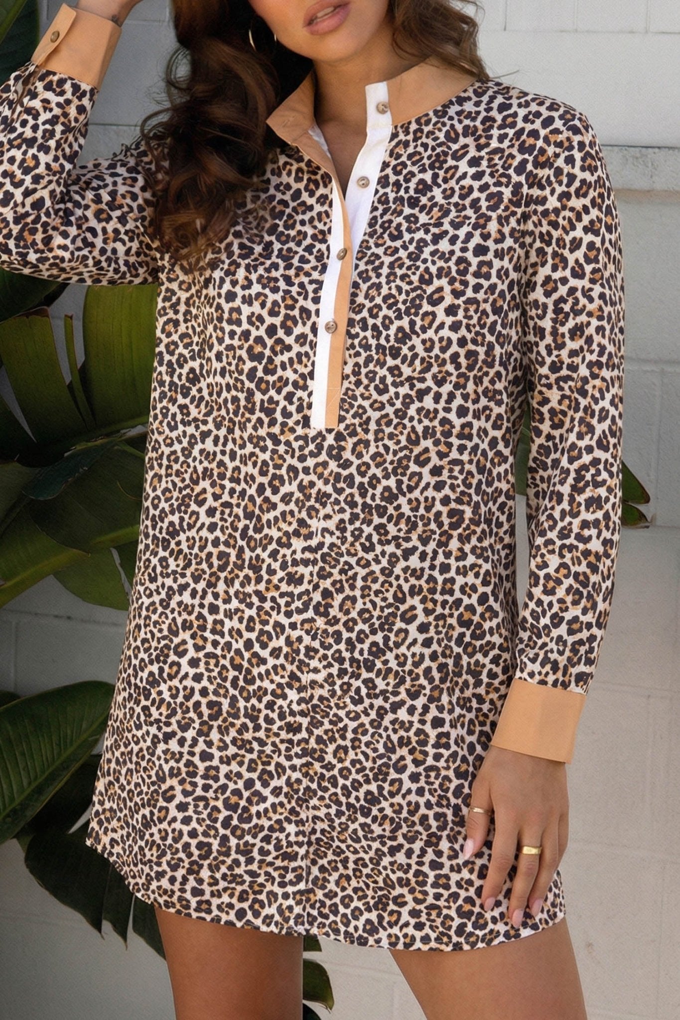 Leopard Stripe Collar Half Buttoned Flared Dress - Rooted & Reckless Co.
