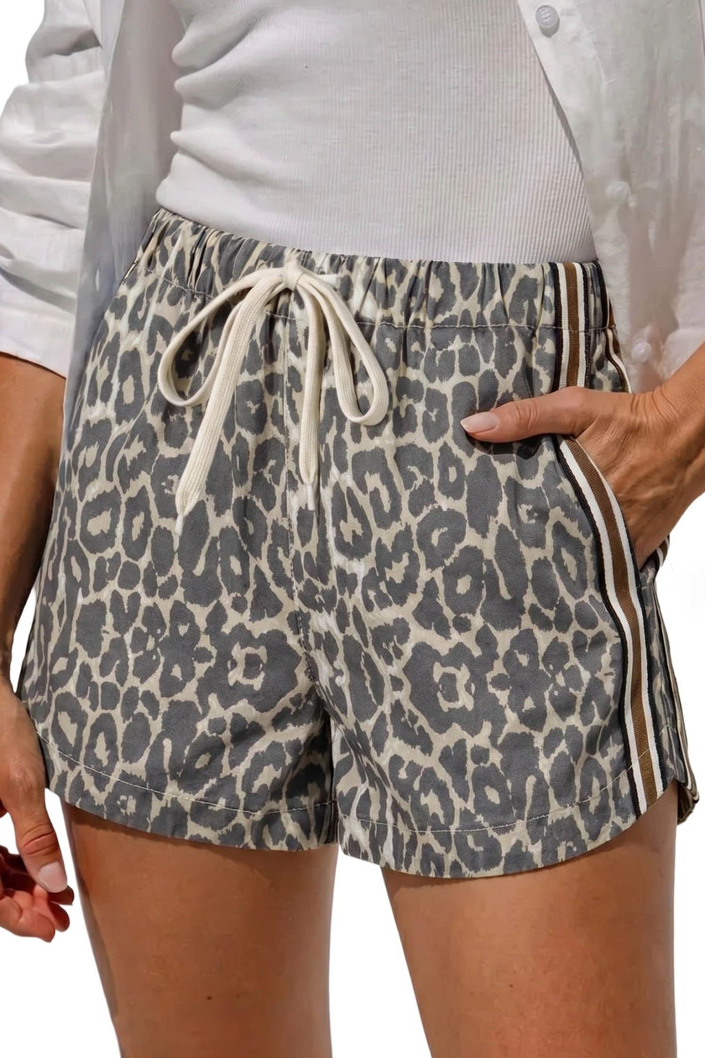 Leopard Stripe Detail Drawstring Denim Shorts - Rooted & Reckless Co.