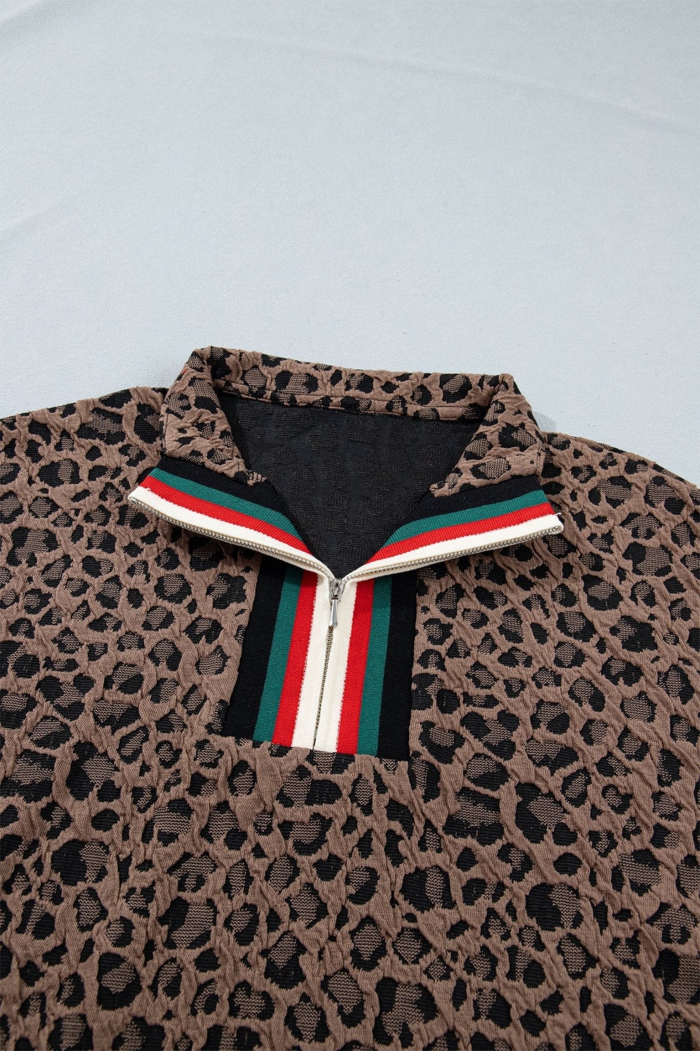 Leopard Stripe Patchwork Half Zip Collared Blouse - Rooted & Reckless Co.