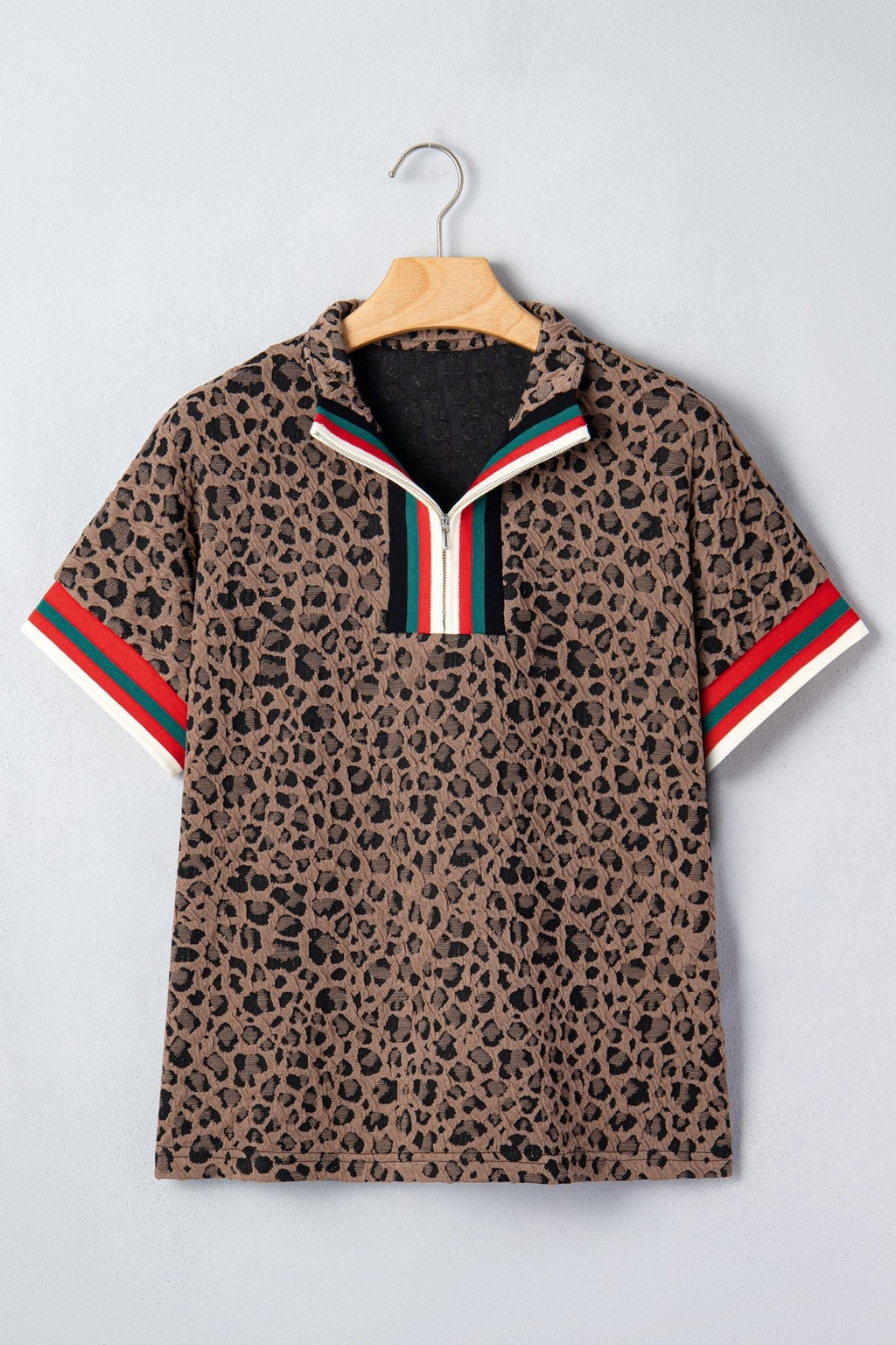 Leopard Stripe Patchwork Half Zip Collared Blouse - Rooted & Reckless Co.