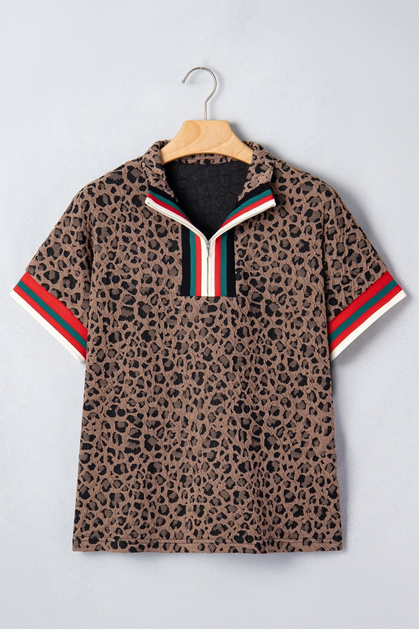 Leopard Stripe Patchwork Half Zip Collared Blouse - Rooted & Reckless Co.