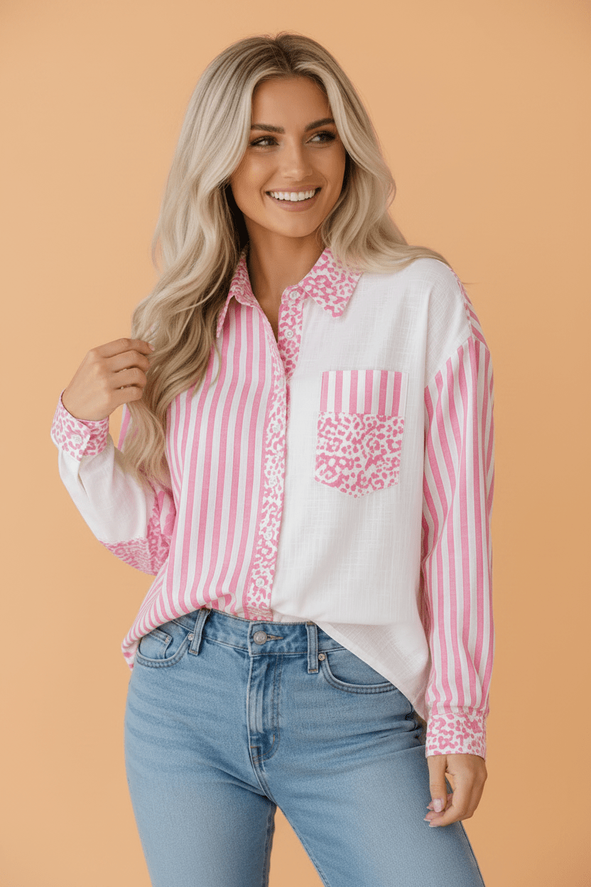 Leopard Stripe Pocketed Long Sleeve Shirt - Rooted & Reckless Co.