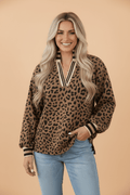 Leopard Stripe Trim Collar Long Sleeve Pullover - Rooted & Reckless Co.