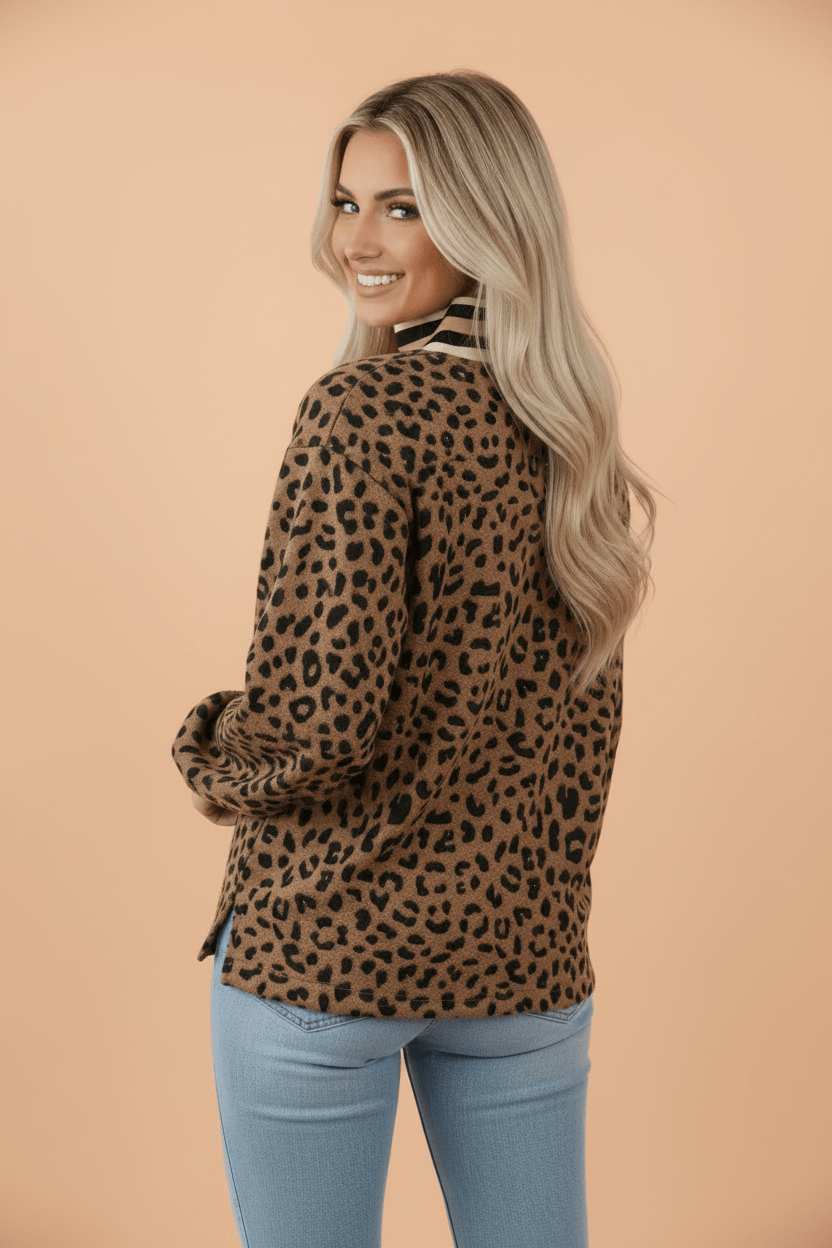 Leopard Stripe Trim Collar Long Sleeve Pullover - Rooted & Reckless Co.