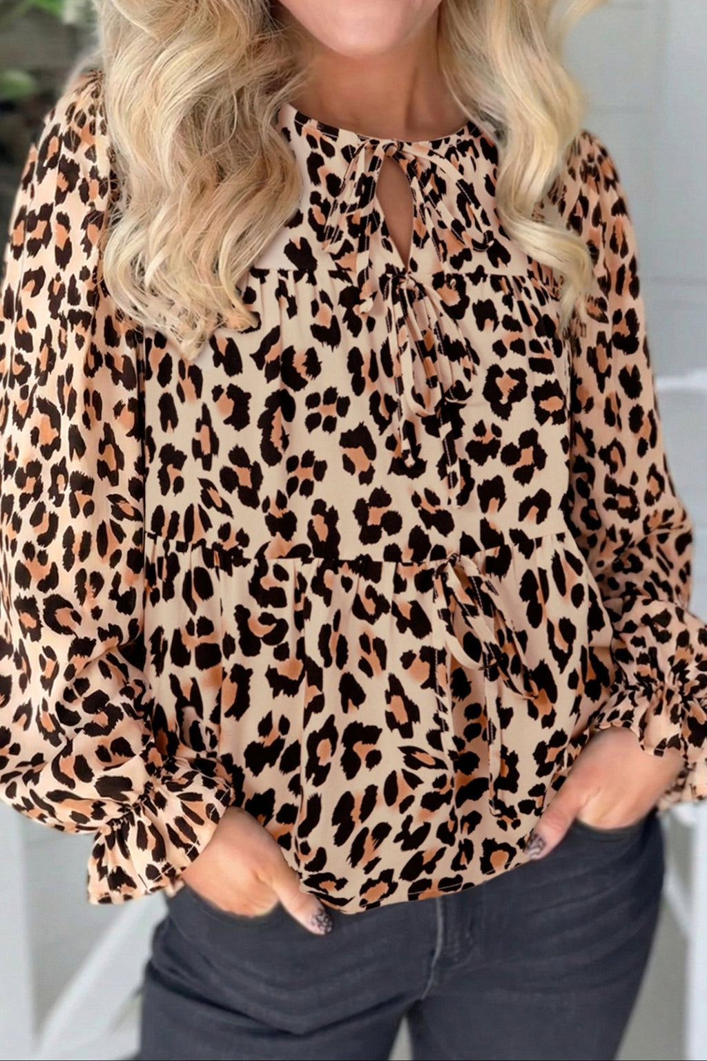 Leopard Tie Front Long Puff Sleeve Blouse - Rooted & Reckless Co.