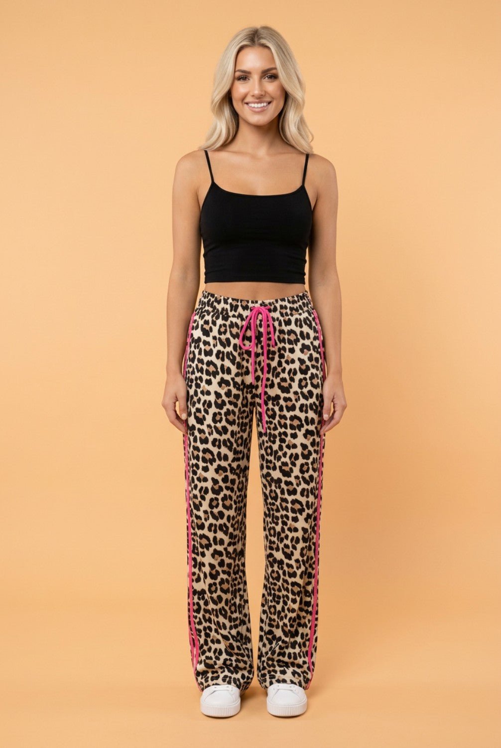 Leopard Tie Waist Contrast Detail Casual Pants - Rooted & Reckless Co.