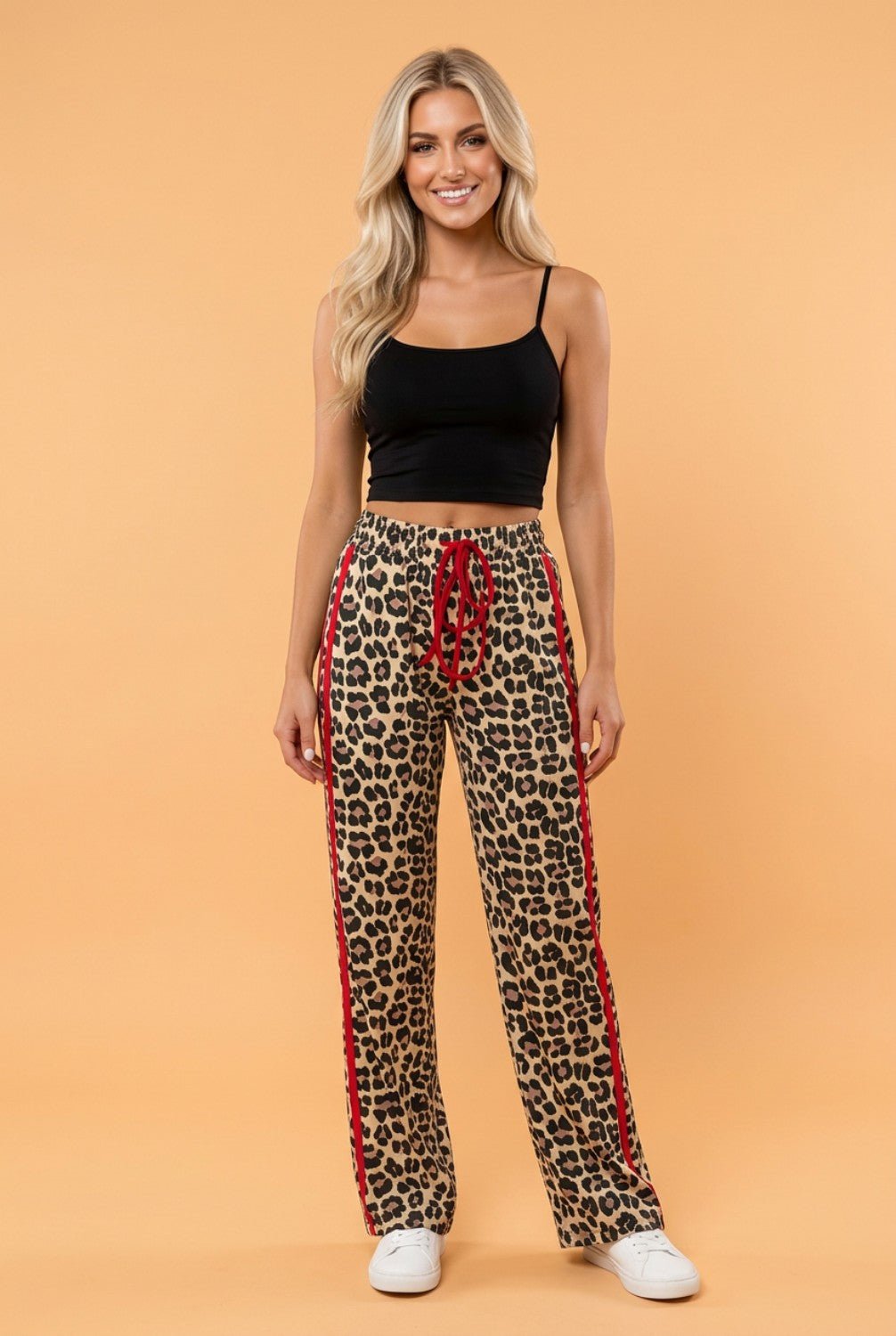 Leopard Tie Waist Contrast Detail Casual Pants - Rooted & Reckless Co.