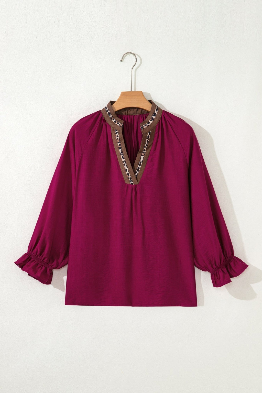Leopard Trim Flounced 3/4 Sleeve V-Neck Blouse - Rooted & Reckless Co.