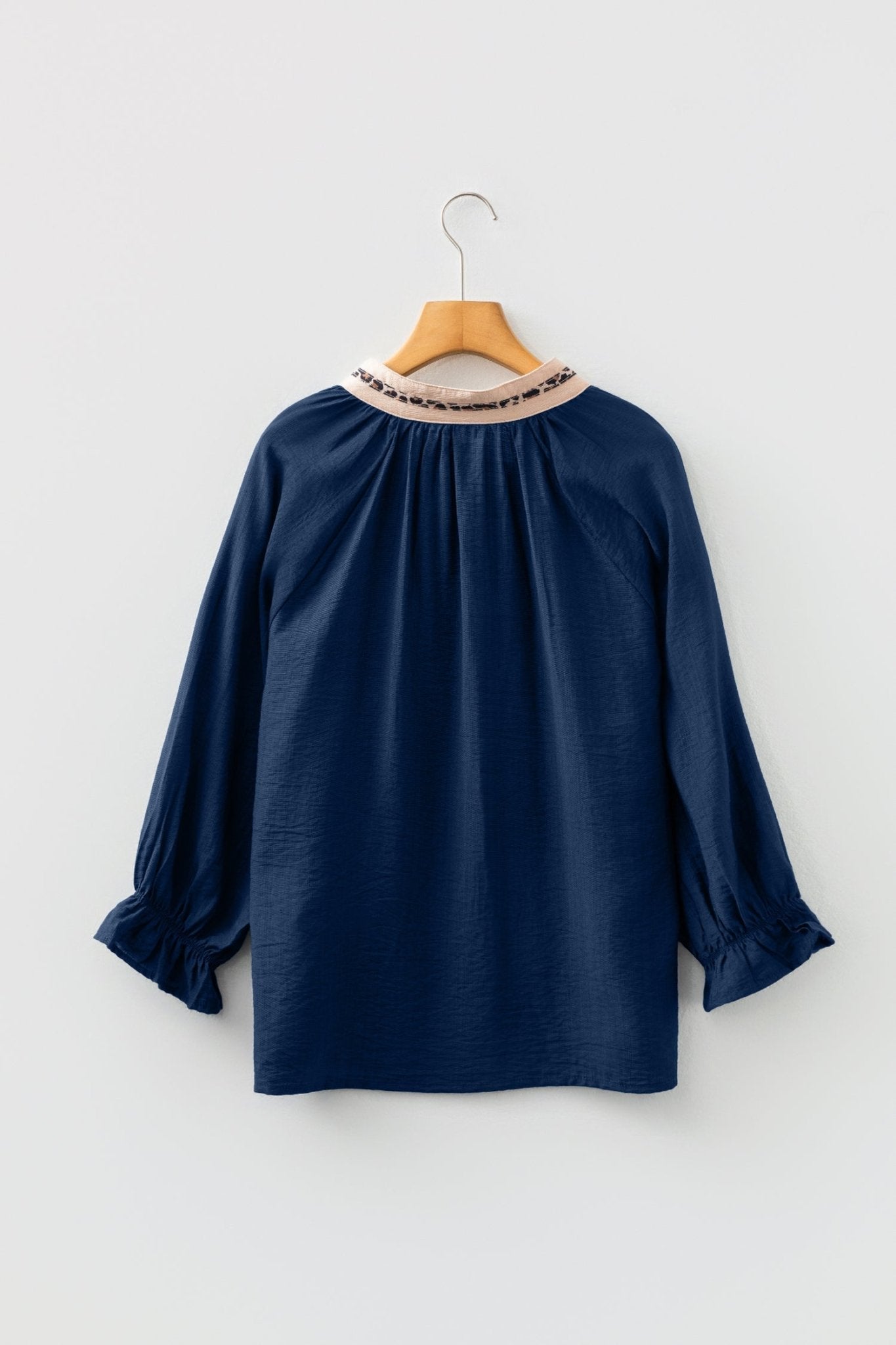 Leopard Trim Flounced 3/4 Sleeve V-Neck Blouse - Rooted & Reckless Co.