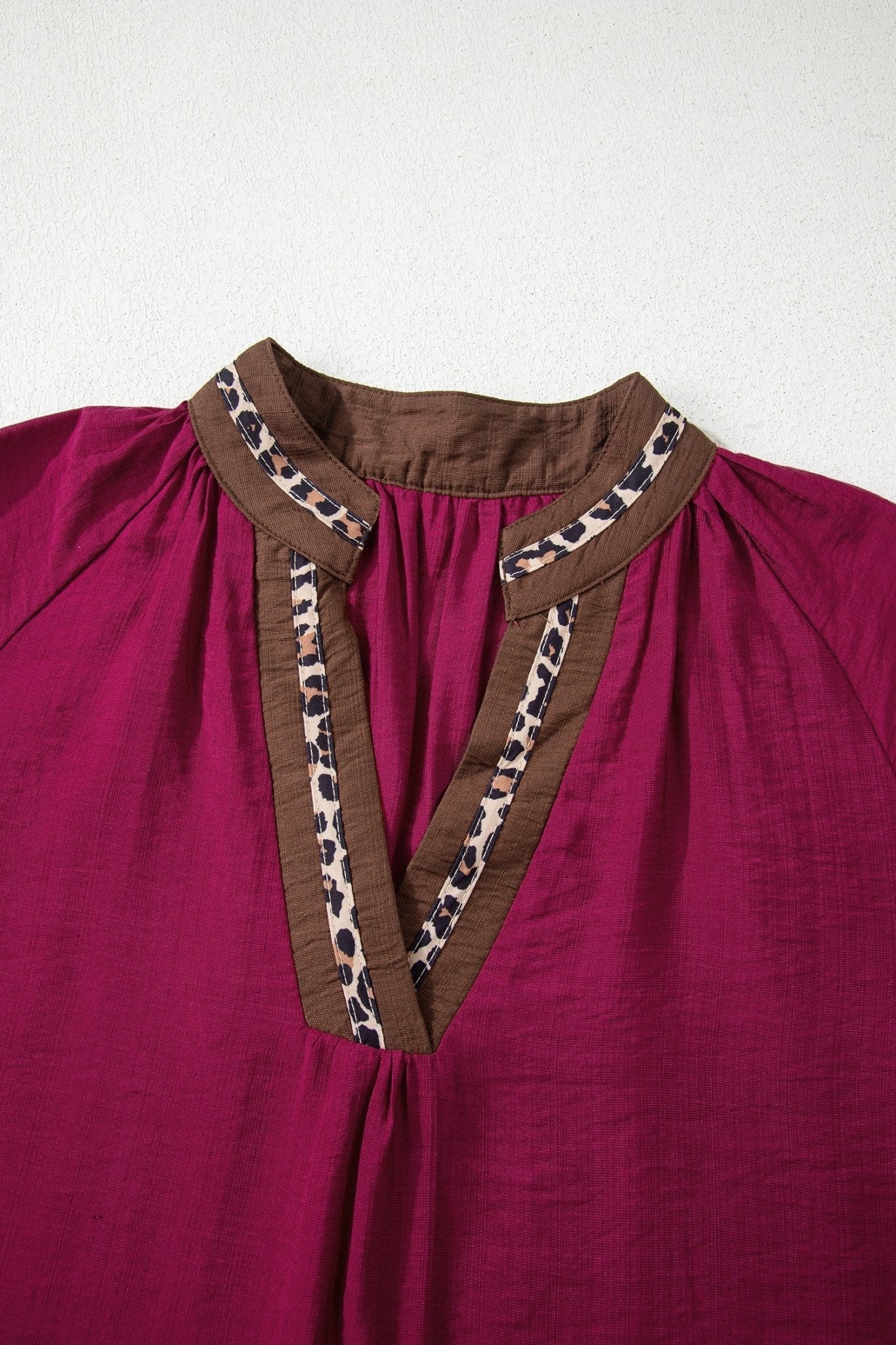 Leopard Trim Flounced 3/4 Sleeve V-Neck Blouse - Rooted & Reckless Co.