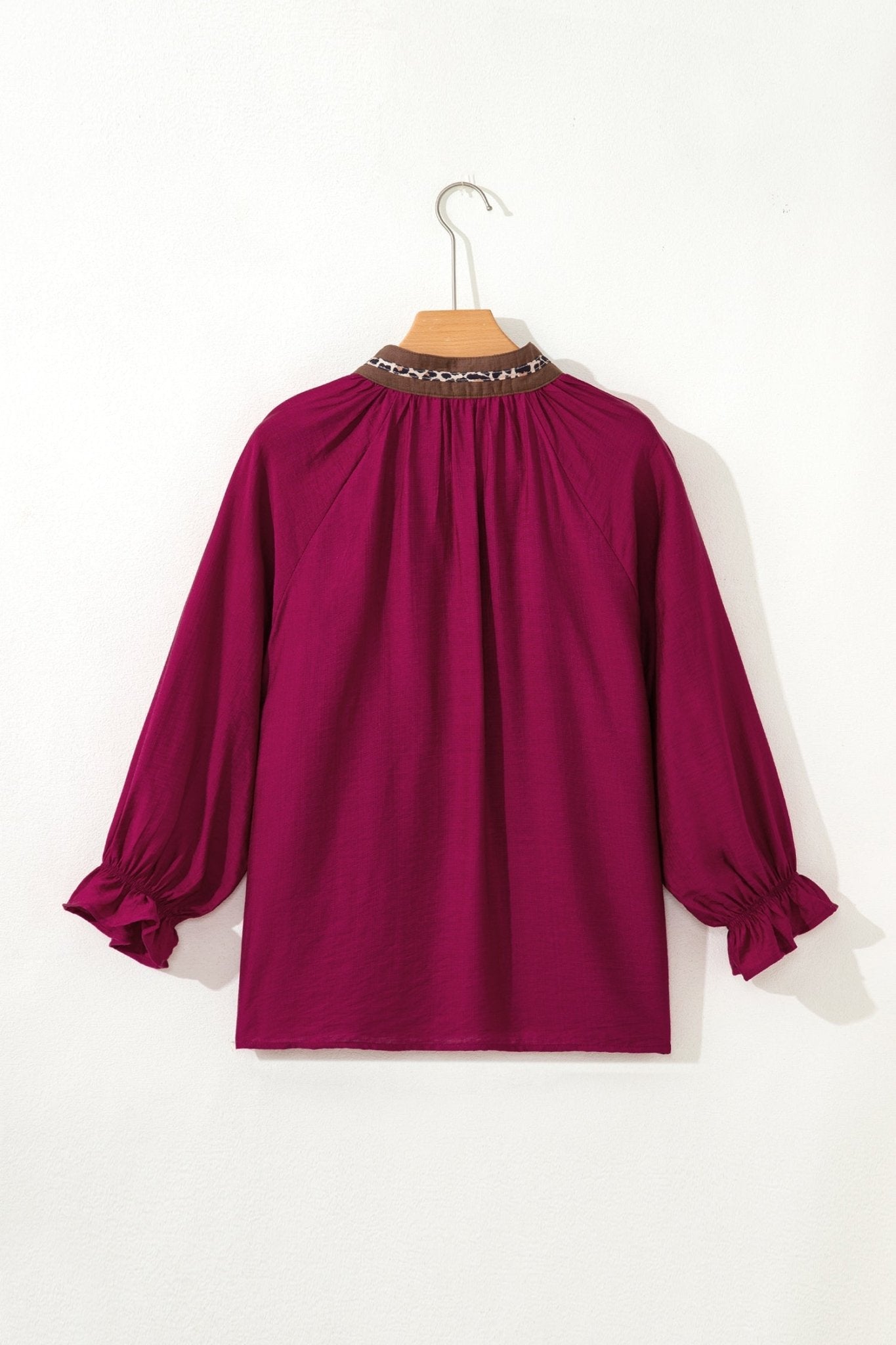 Leopard Trim Flounced 3/4 Sleeve V-Neck Blouse - Rooted & Reckless Co.