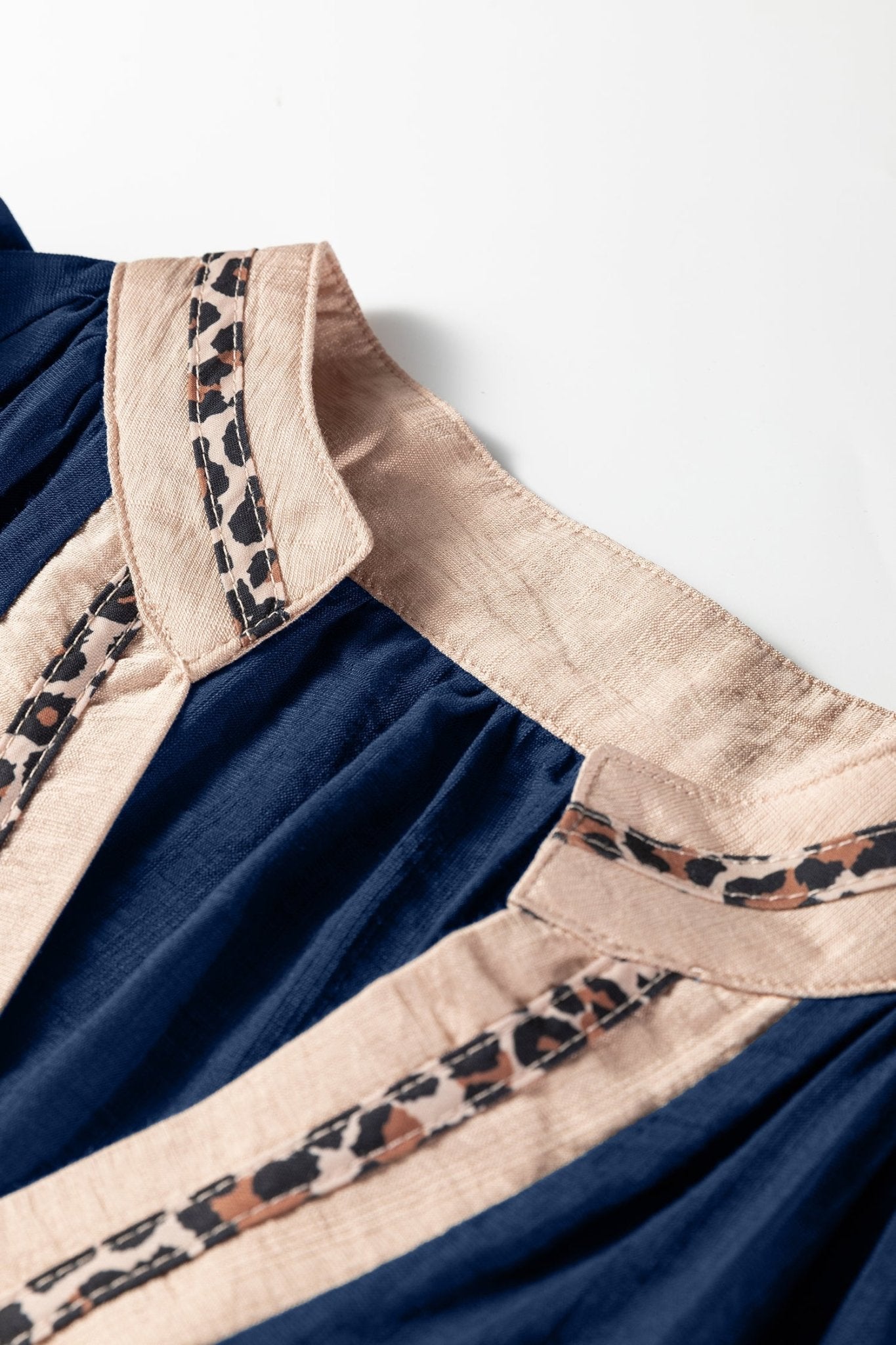 Leopard Trim Flounced 3/4 Sleeve V-Neck Blouse - Rooted & Reckless Co.