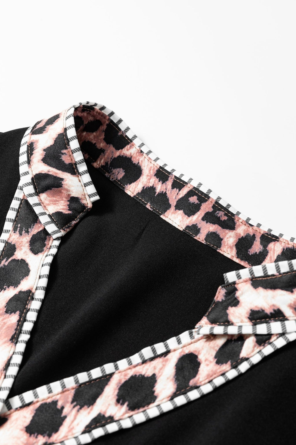 Leopard Trim Puff Sleeve Buttoned V-Neck Shirt - Rooted & Reckless Co.