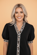 Leopard Trim Puff Sleeve Buttoned V-Neck Shirt - Rooted & Reckless Co.