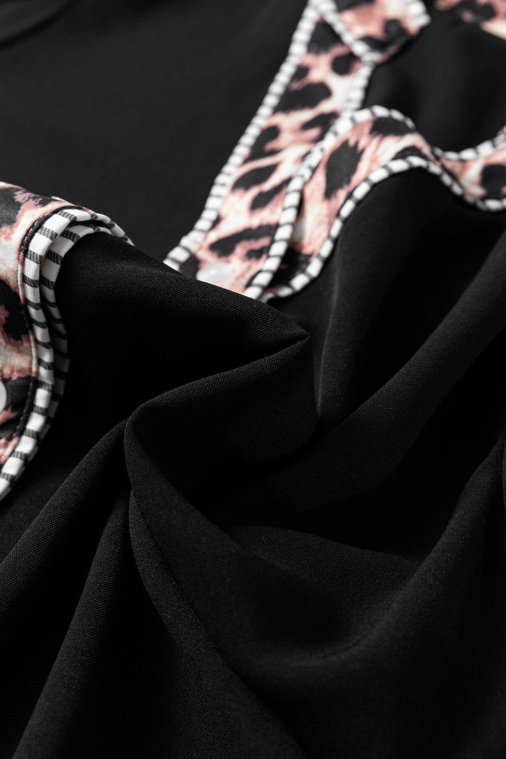 Leopard Trim Puff Sleeve Buttoned V-Neck Shirt - Rooted & Reckless Co.