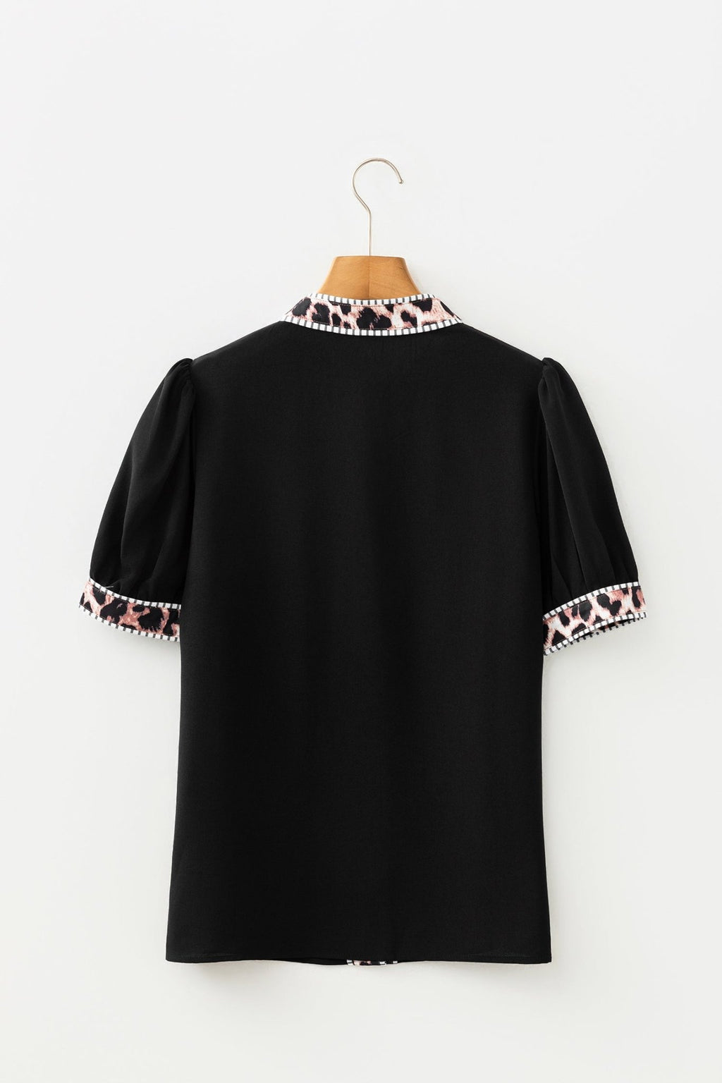 Leopard Trim Puff Sleeve Buttoned V-Neck Shirt - Rooted & Reckless Co.