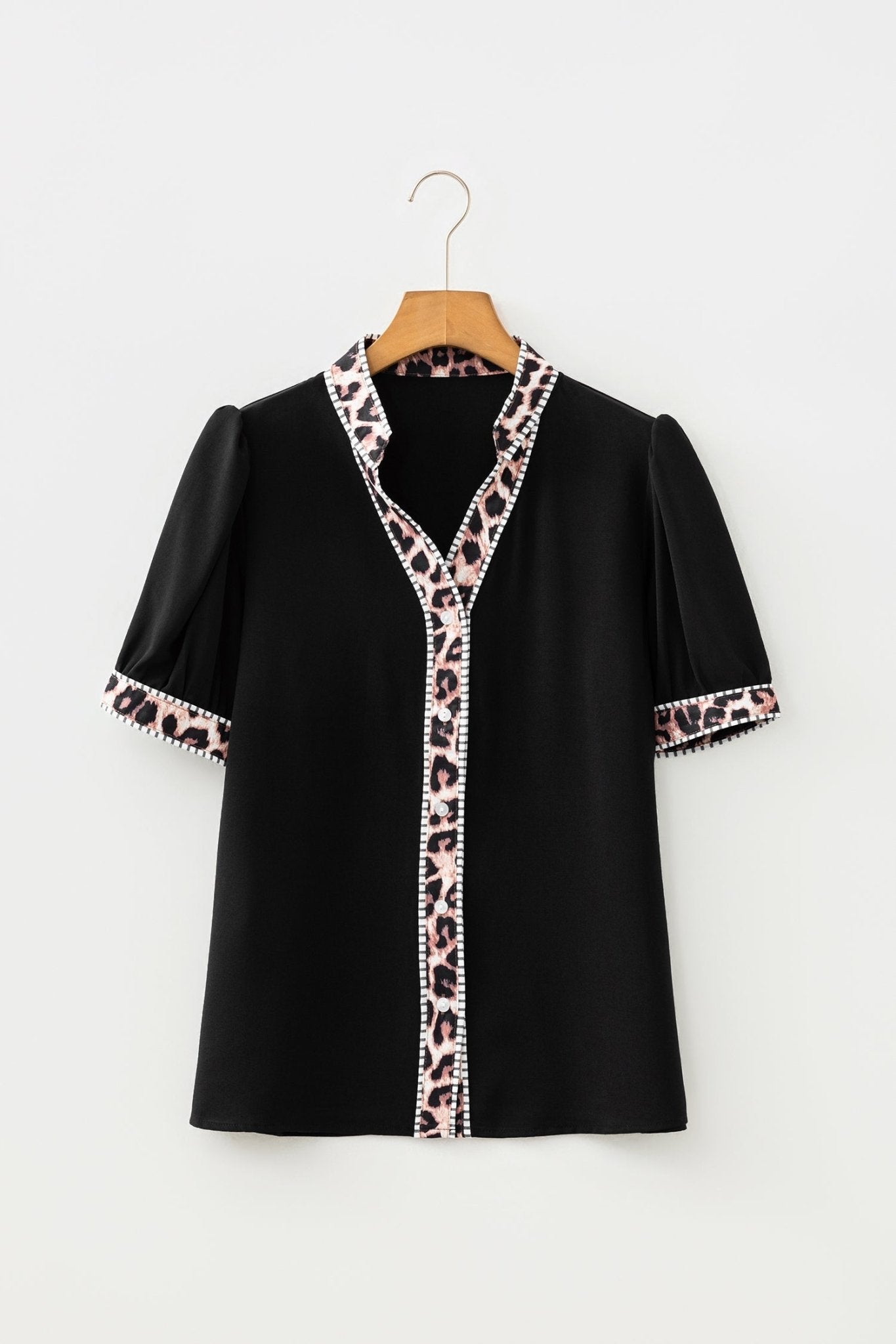 Leopard Trim Puff Sleeve Buttoned V-Neck Shirt - Rooted & Reckless Co.