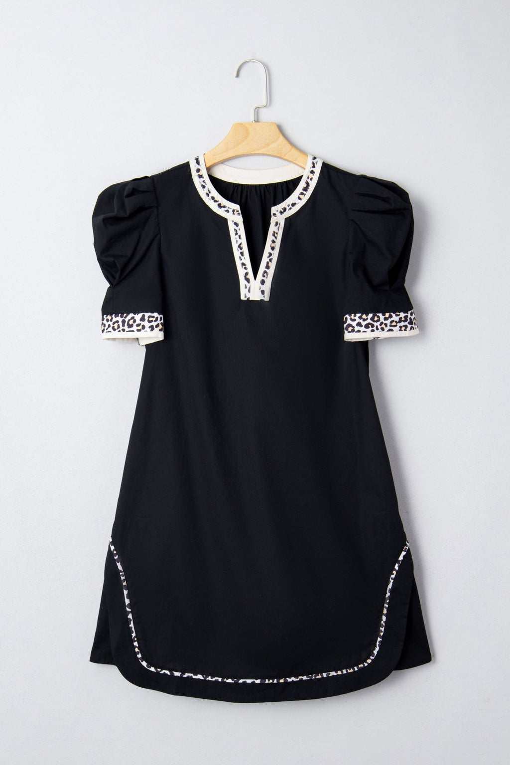 Leopard Trim Short Puff Sleeve Mini Dress - Rooted & Reckless Co.