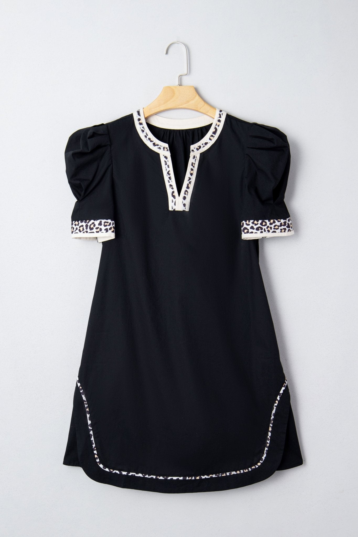 Leopard Trim Short Puff Sleeve Mini Dress - Rooted & Reckless Co.