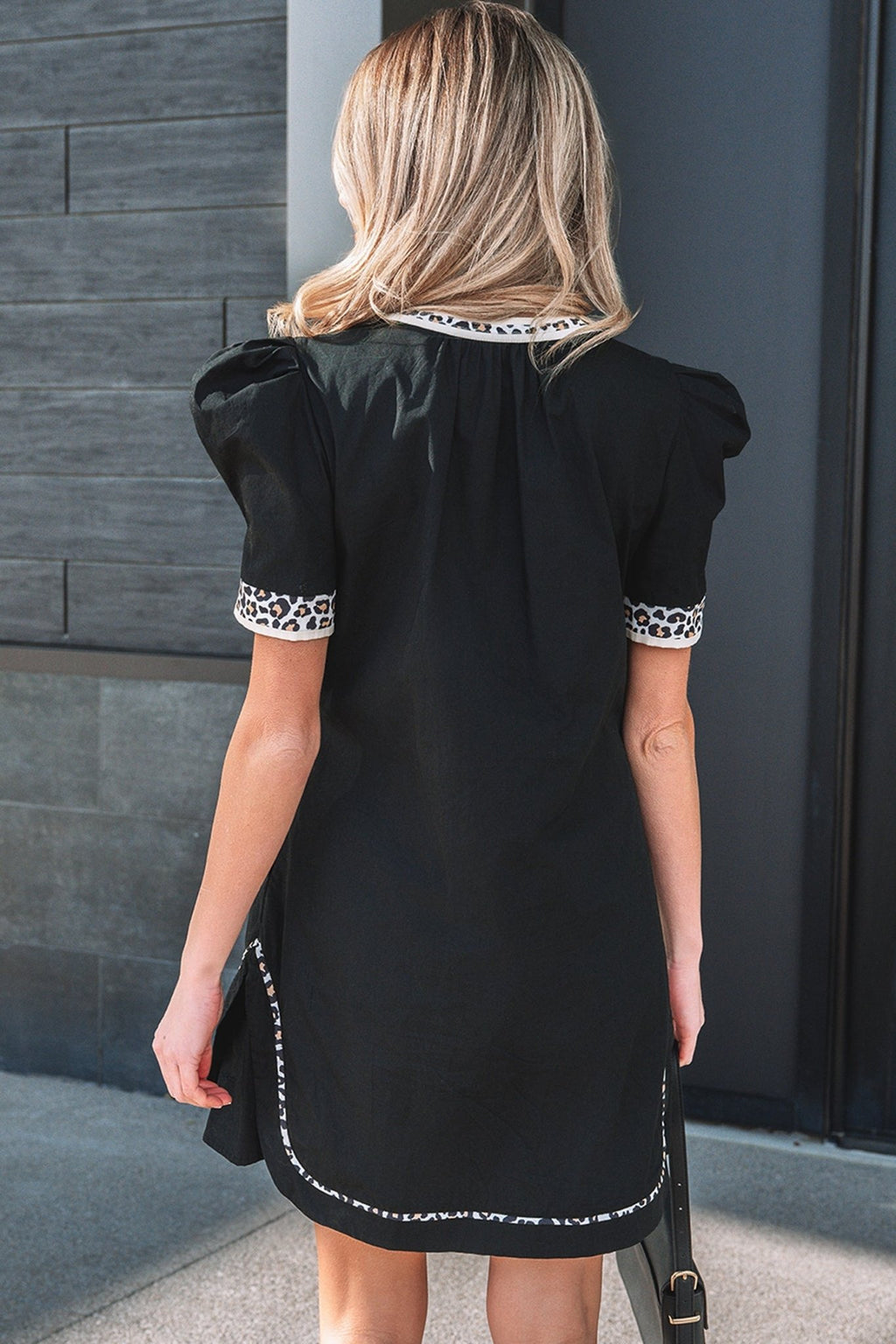Leopard Trim Short Puff Sleeve Mini Dress - Rooted & Reckless Co.