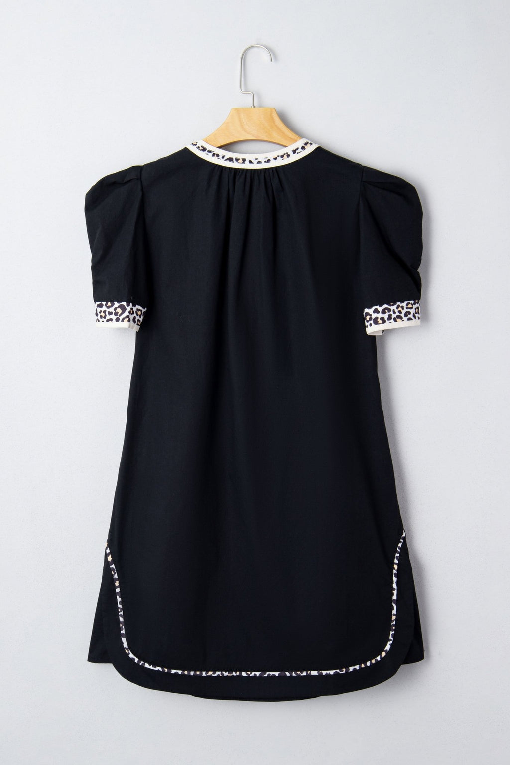 Leopard Trim Short Puff Sleeve Mini Dress - Rooted & Reckless Co.