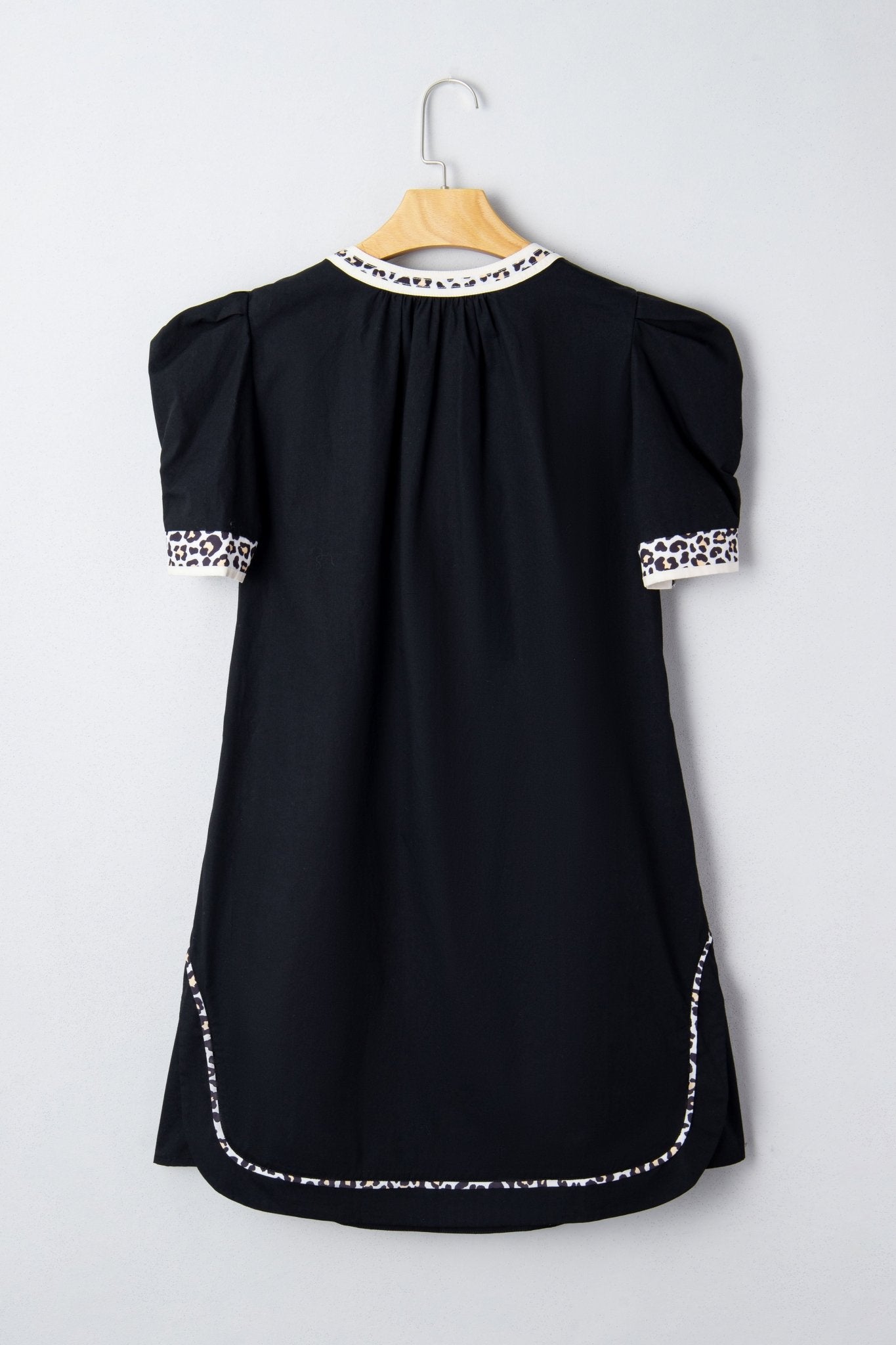 Leopard Trim Short Puff Sleeve Mini Dress - Rooted & Reckless Co.