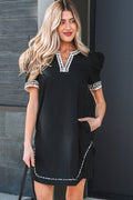 Leopard Trim Short Puff Sleeve Mini Dress - Rooted & Reckless Co.