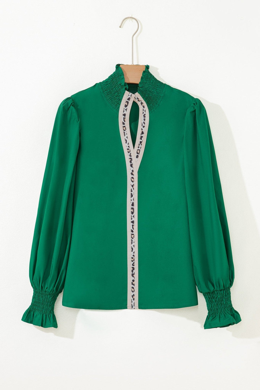 Leopard Trim V-Neck Puffy Flounce Sleeve Blouse - Rooted & Reckless Co.